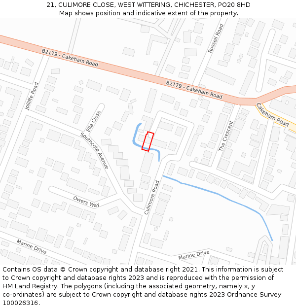 21, CULIMORE CLOSE, WEST WITTERING, CHICHESTER, PO20 8HD: Location map and indicative extent of plot