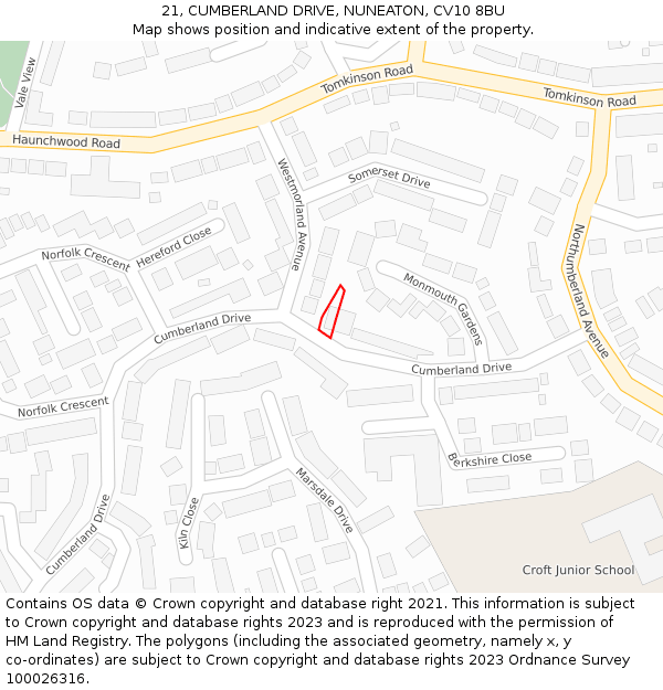 21, CUMBERLAND DRIVE, NUNEATON, CV10 8BU: Location map and indicative extent of plot