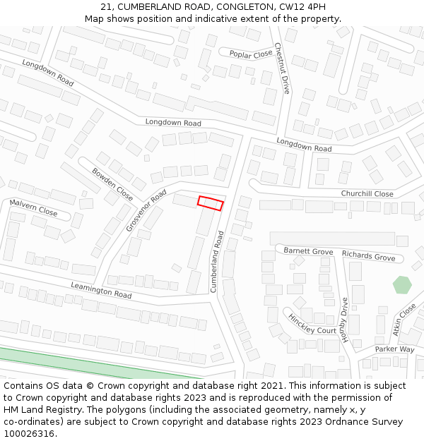 21, CUMBERLAND ROAD, CONGLETON, CW12 4PH: Location map and indicative extent of plot