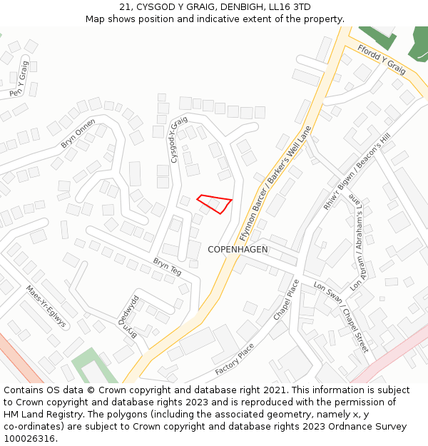 21, CYSGOD Y GRAIG, DENBIGH, LL16 3TD: Location map and indicative extent of plot
