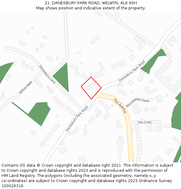 21, DANESBURY PARK ROAD, WELWYN, AL6 9SH: Location map and indicative extent of plot