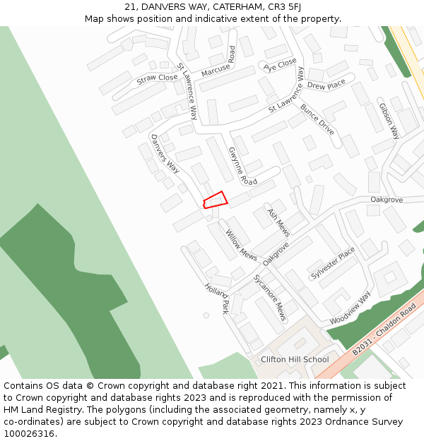 21, DANVERS WAY, CATERHAM, CR3 5FJ: Location map and indicative extent of plot