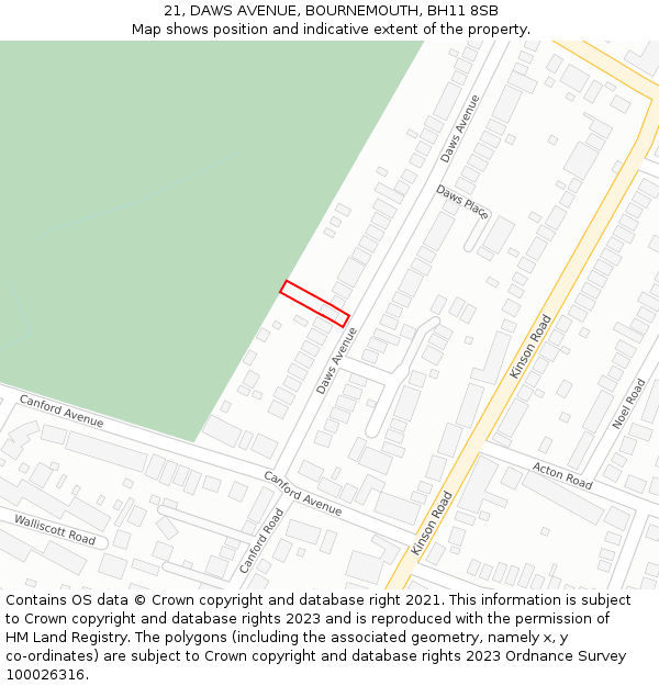 21, DAWS AVENUE, BOURNEMOUTH, BH11 8SB: Location map and indicative extent of plot