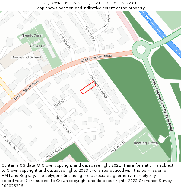 21, DAYMERSLEA RIDGE, LEATHERHEAD, KT22 8TF: Location map and indicative extent of plot