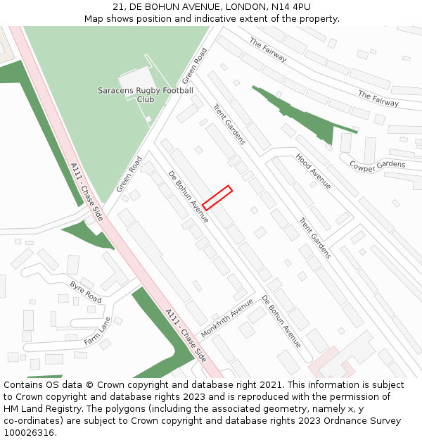 21, DE BOHUN AVENUE, LONDON, N14 4PU: Location map and indicative extent of plot