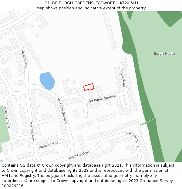 21, DE BURGH GARDENS, TADWORTH, KT20 5LU: Location map and indicative extent of plot