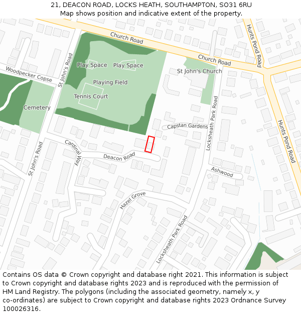 21, DEACON ROAD, LOCKS HEATH, SOUTHAMPTON, SO31 6RU: Location map and indicative extent of plot