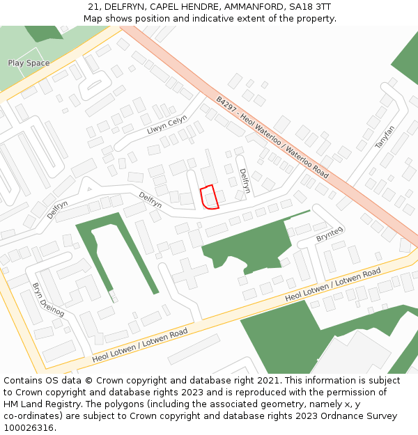 21, DELFRYN, CAPEL HENDRE, AMMANFORD, SA18 3TT: Location map and indicative extent of plot