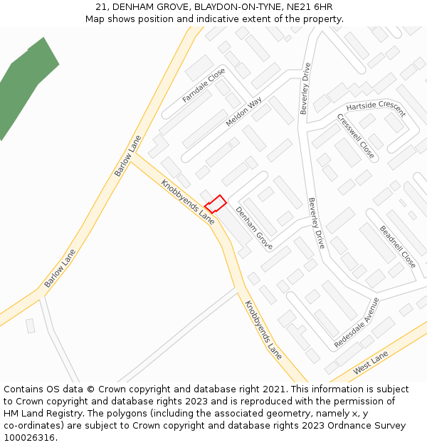 21, DENHAM GROVE, BLAYDON-ON-TYNE, NE21 6HR: Location map and indicative extent of plot