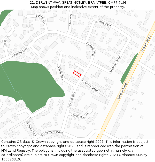 21, DERWENT WAY, GREAT NOTLEY, BRAINTREE, CM77 7UH: Location map and indicative extent of plot