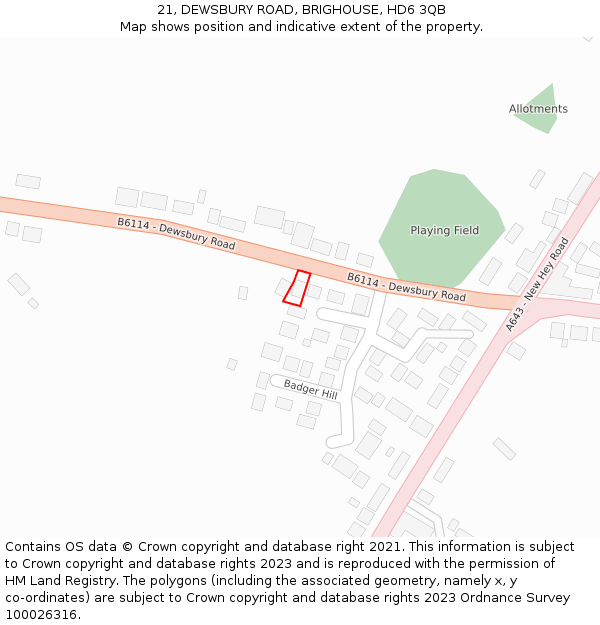 21, DEWSBURY ROAD, BRIGHOUSE, HD6 3QB: Location map and indicative extent of plot