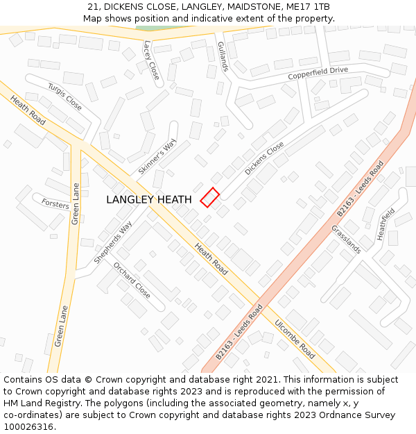 21, DICKENS CLOSE, LANGLEY, MAIDSTONE, ME17 1TB: Location map and indicative extent of plot