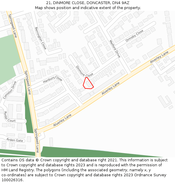 21, DINMORE CLOSE, DONCASTER, DN4 9AZ: Location map and indicative extent of plot