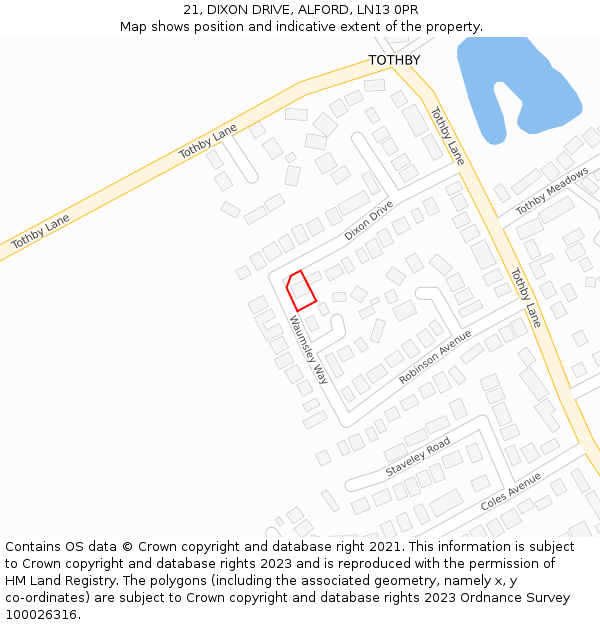 21, DIXON DRIVE, ALFORD, LN13 0PR: Location map and indicative extent of plot