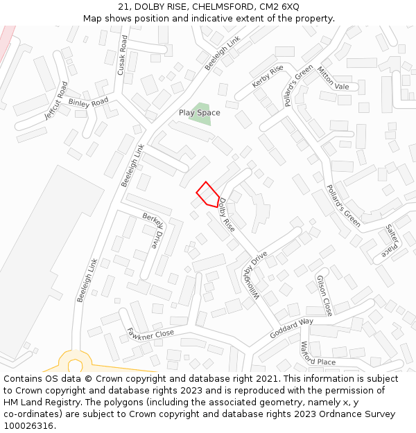 21, DOLBY RISE, CHELMSFORD, CM2 6XQ: Location map and indicative extent of plot