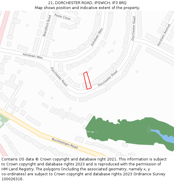 21, DORCHESTER ROAD, IPSWICH, IP3 8RQ: Location map and indicative extent of plot