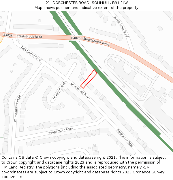 21, DORCHESTER ROAD, SOLIHULL, B91 1LW: Location map and indicative extent of plot