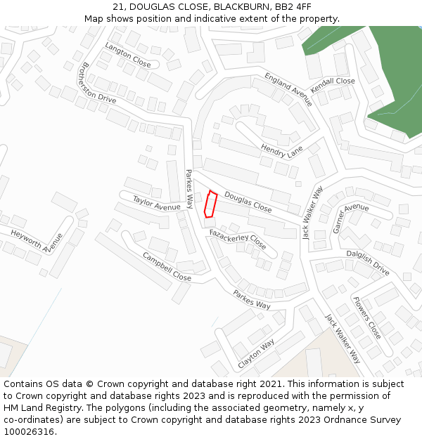 21, DOUGLAS CLOSE, BLACKBURN, BB2 4FF: Location map and indicative extent of plot