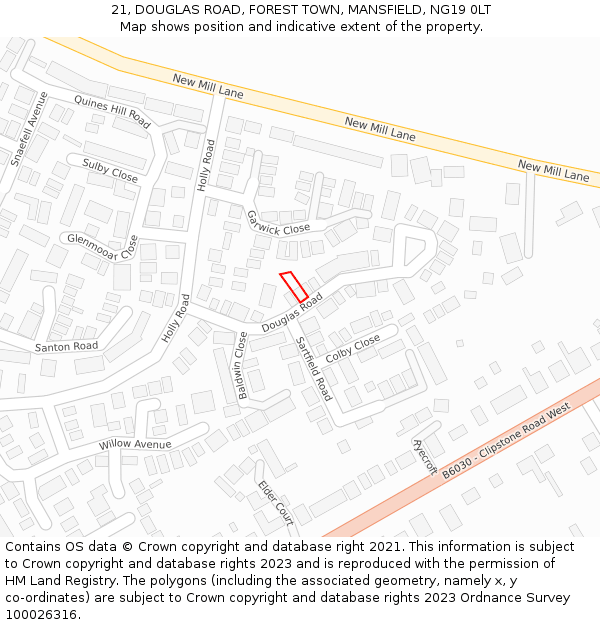 21, DOUGLAS ROAD, FOREST TOWN, MANSFIELD, NG19 0LT: Location map and indicative extent of plot