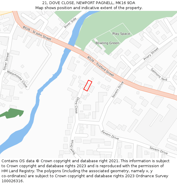 21, DOVE CLOSE, NEWPORT PAGNELL, MK16 9DA: Location map and indicative extent of plot