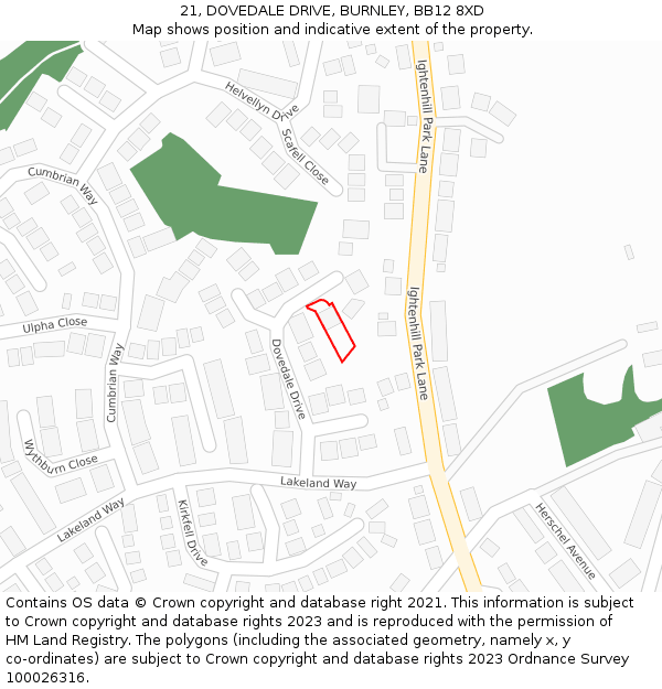 21, DOVEDALE DRIVE, BURNLEY, BB12 8XD: Location map and indicative extent of plot