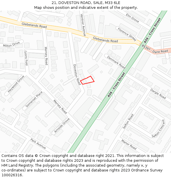 21, DOVESTON ROAD, SALE, M33 6LE: Location map and indicative extent of plot