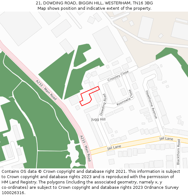 21, DOWDING ROAD, BIGGIN HILL, WESTERHAM, TN16 3BG: Location map and indicative extent of plot