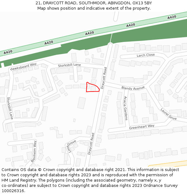 21, DRAYCOTT ROAD, SOUTHMOOR, ABINGDON, OX13 5BY: Location map and indicative extent of plot