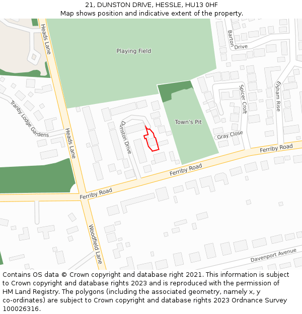 21, DUNSTON DRIVE, HESSLE, HU13 0HF: Location map and indicative extent of plot
