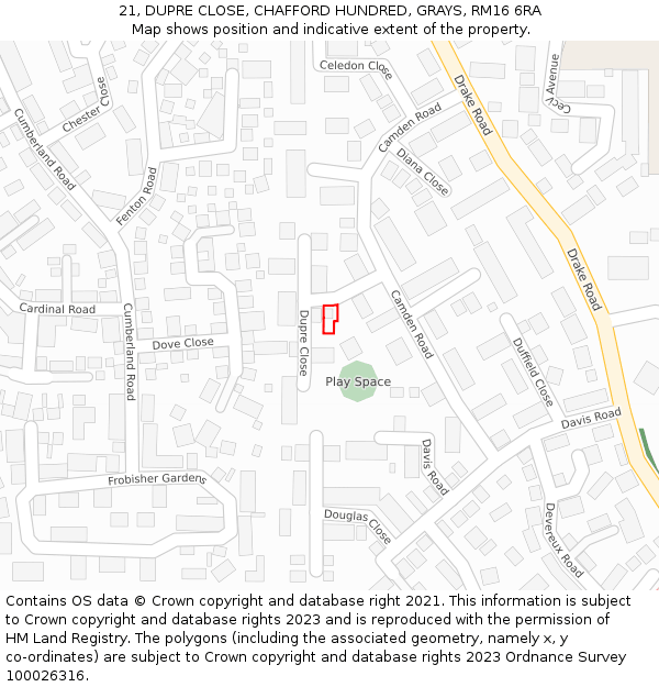 21, DUPRE CLOSE, CHAFFORD HUNDRED, GRAYS, RM16 6RA: Location map and indicative extent of plot