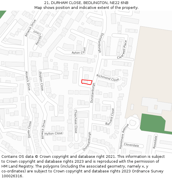 21, DURHAM CLOSE, BEDLINGTON, NE22 6NB: Location map and indicative extent of plot