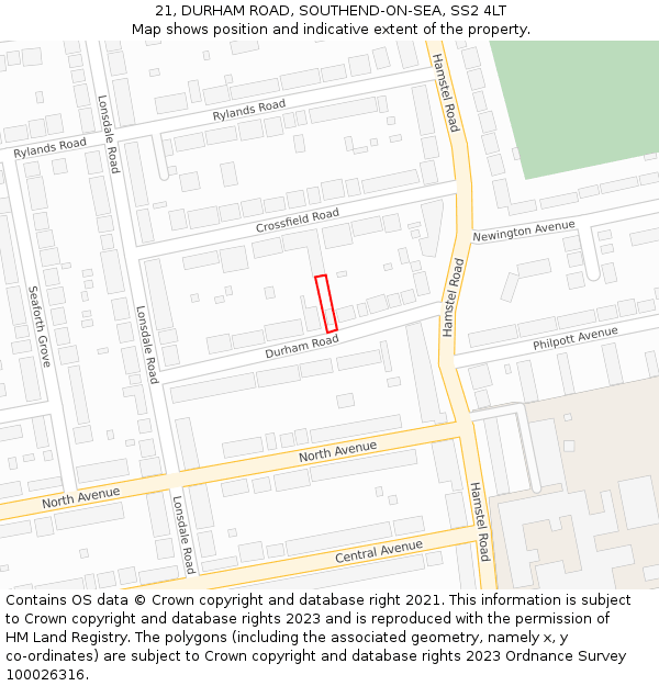 21, DURHAM ROAD, SOUTHEND-ON-SEA, SS2 4LT: Location map and indicative extent of plot