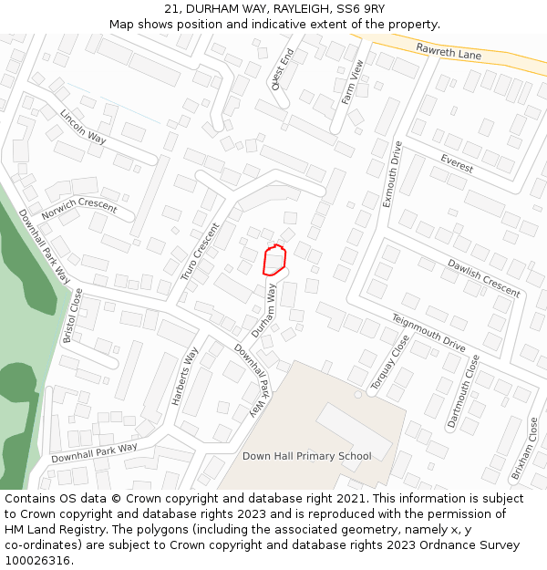 21, DURHAM WAY, RAYLEIGH, SS6 9RY: Location map and indicative extent of plot