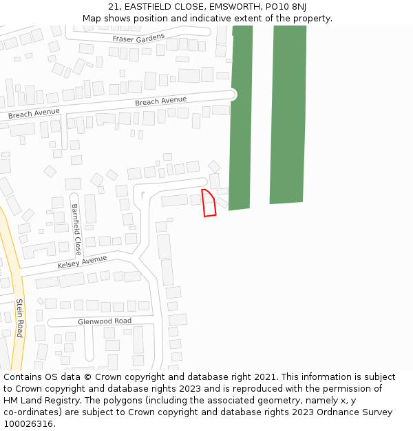 21, EASTFIELD CLOSE, EMSWORTH, PO10 8NJ: Location map and indicative extent of plot