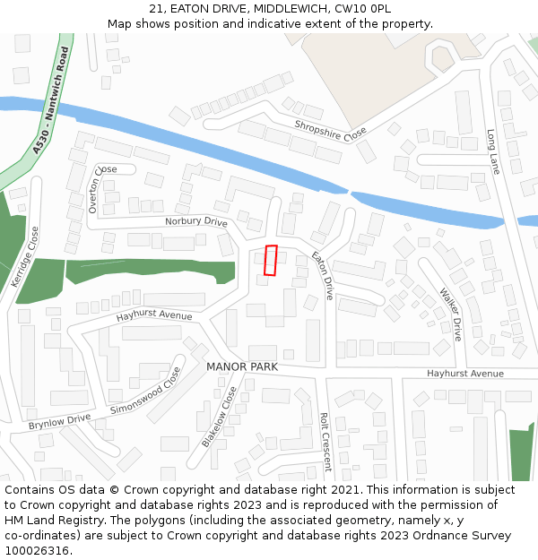 21, EATON DRIVE, MIDDLEWICH, CW10 0PL: Location map and indicative extent of plot