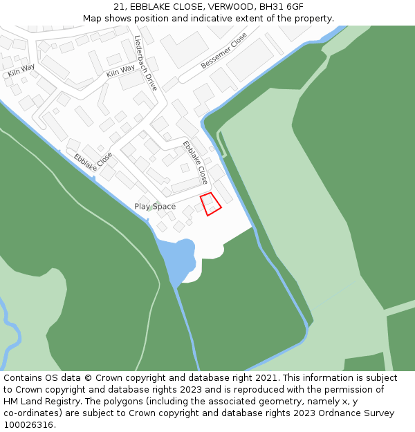 21, EBBLAKE CLOSE, VERWOOD, BH31 6GF: Location map and indicative extent of plot