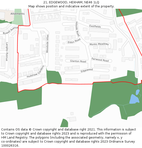 21, EDGEWOOD, HEXHAM, NE46 1LQ: Location map and indicative extent of plot