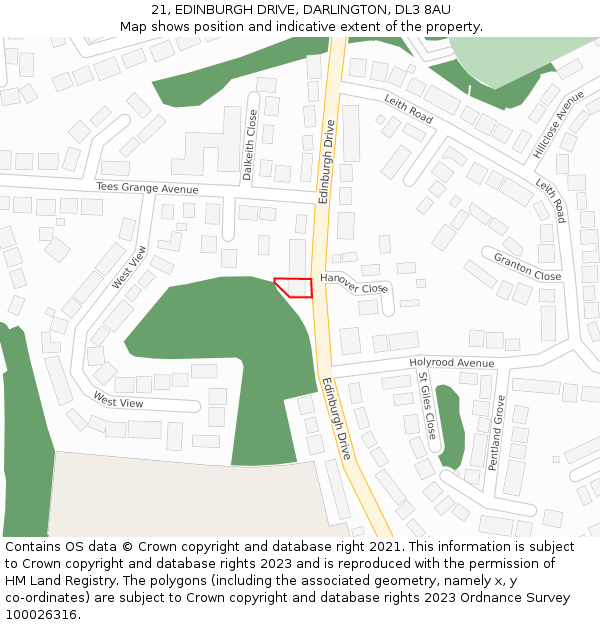 21, EDINBURGH DRIVE, DARLINGTON, DL3 8AU: Location map and indicative extent of plot