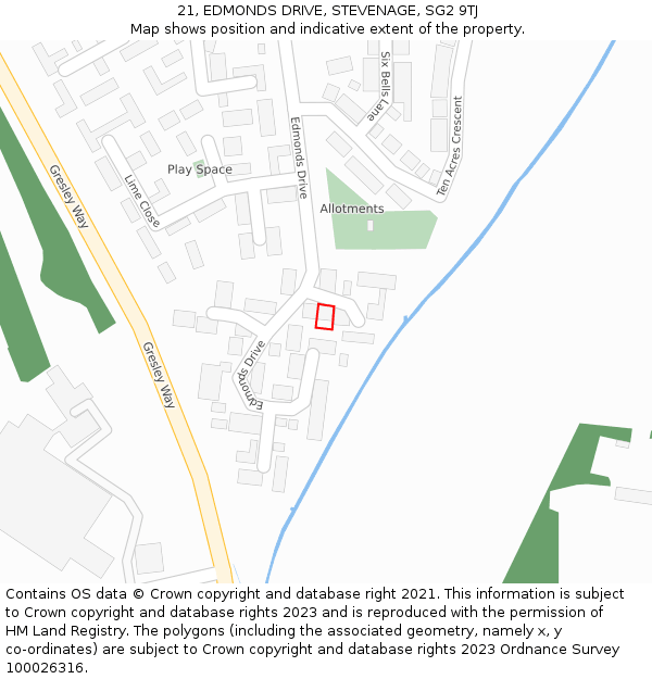 21, EDMONDS DRIVE, STEVENAGE, SG2 9TJ: Location map and indicative extent of plot