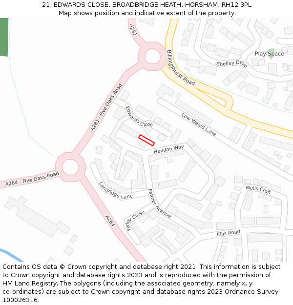 21, EDWARDS CLOSE, BROADBRIDGE HEATH, HORSHAM, RH12 3PL: Location map and indicative extent of plot