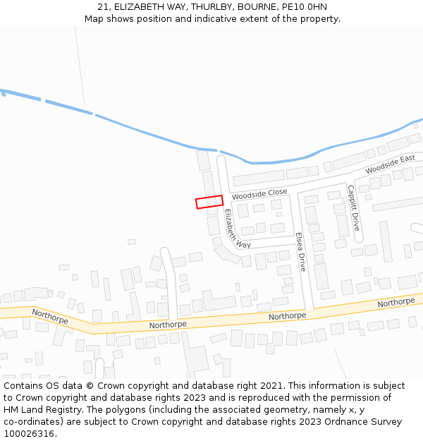 21, ELIZABETH WAY, THURLBY, BOURNE, PE10 0HN: Location map and indicative extent of plot