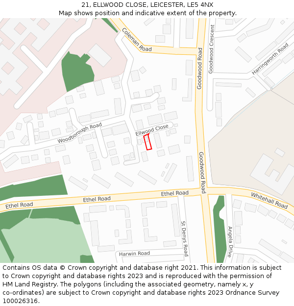 21, ELLWOOD CLOSE, LEICESTER, LE5 4NX: Location map and indicative extent of plot