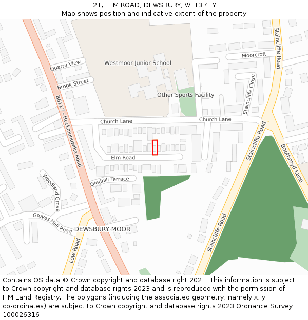 21, ELM ROAD, DEWSBURY, WF13 4EY: Location map and indicative extent of plot