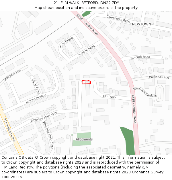 21, ELM WALK, RETFORD, DN22 7DY: Location map and indicative extent of plot