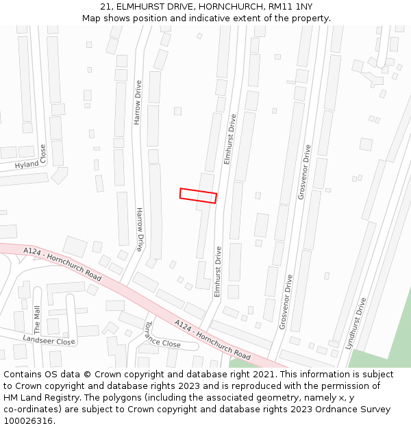 21, ELMHURST DRIVE, HORNCHURCH, RM11 1NY: Location map and indicative extent of plot