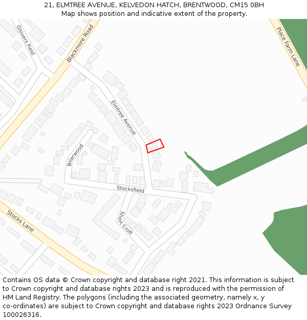 21, ELMTREE AVENUE, KELVEDON HATCH, BRENTWOOD, CM15 0BH: Location map and indicative extent of plot