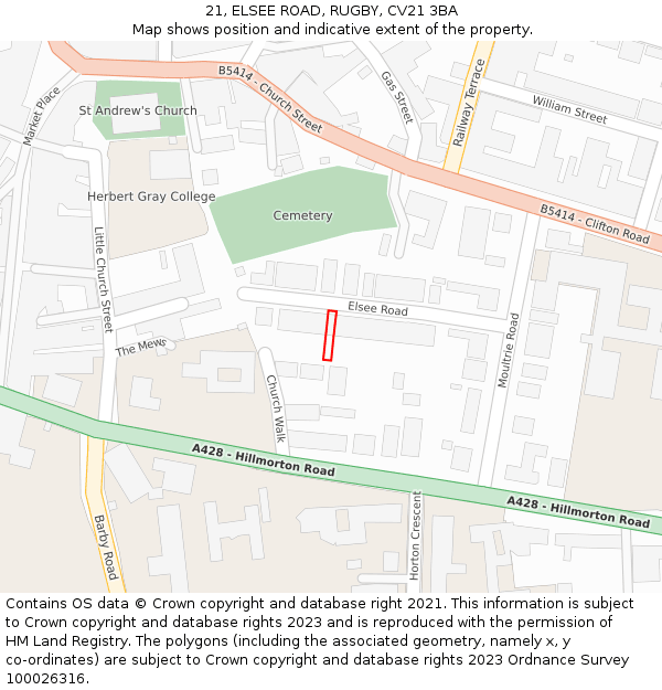 21, ELSEE ROAD, RUGBY, CV21 3BA: Location map and indicative extent of plot