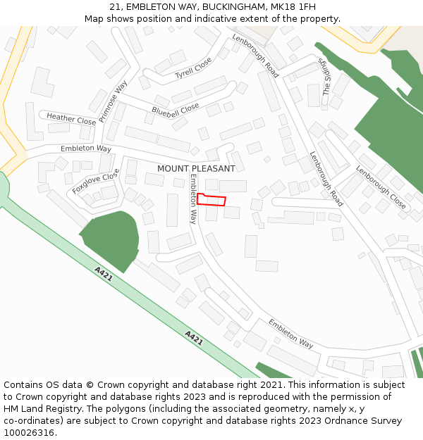 21, EMBLETON WAY, BUCKINGHAM, MK18 1FH: Location map and indicative extent of plot