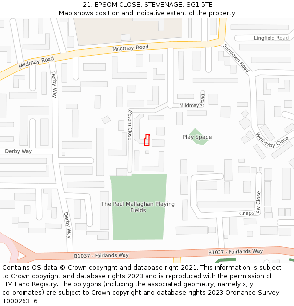 21, EPSOM CLOSE, STEVENAGE, SG1 5TE: Location map and indicative extent of plot