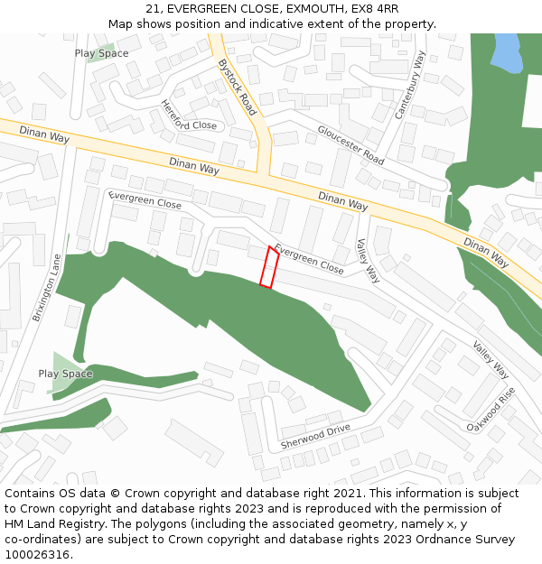 21, EVERGREEN CLOSE, EXMOUTH, EX8 4RR: Location map and indicative extent of plot